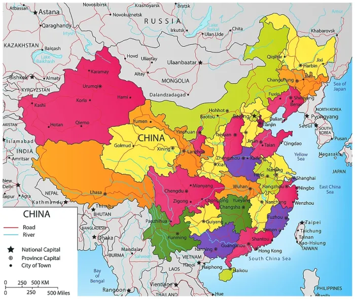 Framed Print : Political map of China, showing the provinces and their with capital cities, c. 1980-2000. (BSLOC_2023_7_14)