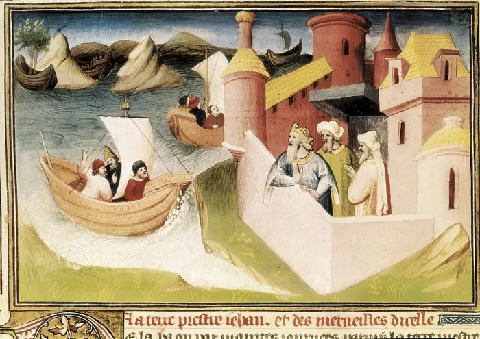 Framed Print : Polo, Marco (1254-1324). 'The Book of Wolrd Wonders', manuscript edition in French (14th c.). Ships arriving to the city of Nicaea. Gothic art. Miniature Painting Framed Print : Polo, Marco (1254-1324). 'The Book of Wolrd Wonders', manuscript edition in French (14th c.). Ships arriving to the city of Nicaea. Gothic art. Miniature Painting