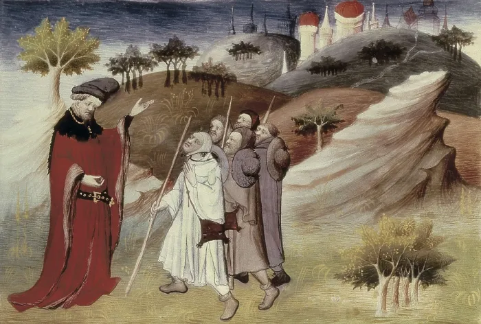 Framed Print : Polo, Marco (1254-1324). 'The Book of World Wonders', manuscript edition in French (14th c.). Pilgrims. Gothic art. Miniature Painting. FRANCE. Paris. National Library Framed Print : Polo, Marco (1254-1324). 'The Book of World Wonders', manuscript edition in French (14th c.). Pilgrims. Gothic art. Miniature Painting. FRANCE. Paris. National Library
