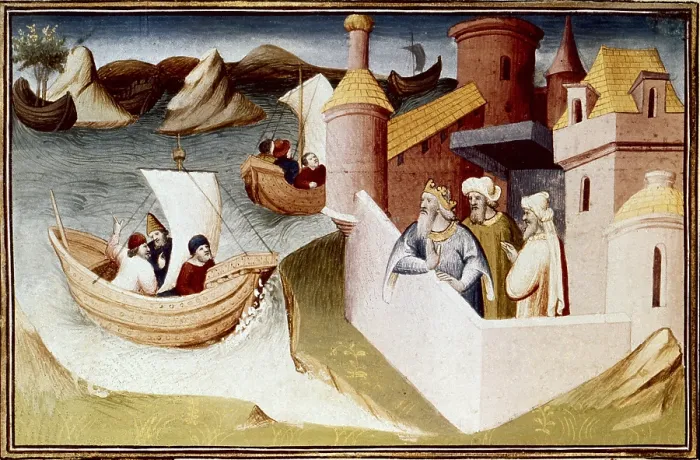 Framed Print : Polo, Marco (1254-1324). Venetian traveller. 'The Book of Wolrd Wonders', manuscript edition in French (14th c.). Ships arriving to the city of Nicaea Framed Print : Polo, Marco (1254-1324). Venetian traveller. 'The Book of Wolrd Wonders', manuscript edition in French (14th c.). Ships arriving to the city of Nicaea