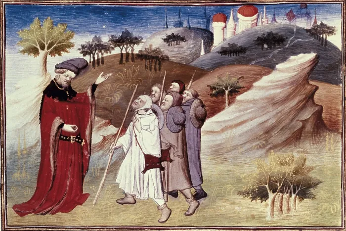 Framed Print : Polo, Marco (1254-1324). Venetian traveller. 'The Book of World Wonders', manuscript edition in French (14th c.). Pilgrims. Description of the World. s.XIV. Gothic art