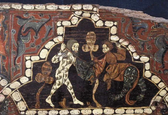 Framed Print : Detail of a polychrome beam with scene of a knight who fights against a shaggy man. 15th c. Mudejar art. Painting. SPAIN. Madrid. National Museum of Archaeology. Proc: SPAIN Framed Print : Detail of a polychrome beam with scene of a knight who fights against a shaggy man. 15th c. Mudejar art. Painting. SPAIN. Madrid. National Museum of Archaeology. Proc: SPAIN