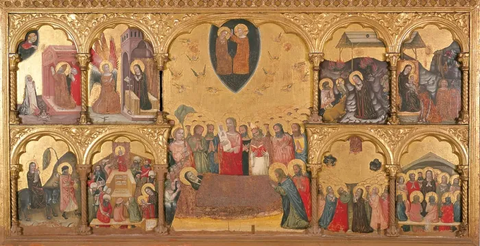 Framed Print : Polyptych of the Domitio Virginis with Crowning of the Virgin, St Gregory Praying at Trajans Sepulcher, Annunciation, Nativity, Adoration of the Magi, Flight into Egypt Framed Print : Polyptych of the Domitio Virginis with Crowning of the Virgin, St Gregory Praying at Trajans Sepulcher, Annunciation, Nativity, Adoration of the Magi, Flight into Egypt