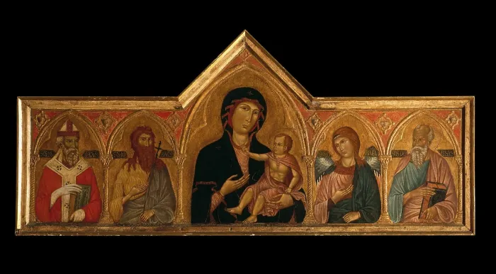 Framed Print : Polyptych, by Manfredino da Pistoia, 1280 - 1285, 13th Century, board - Private collection. Whole artwork view. On a golden background from left to right St. Nicolas, St Framed Print : Polyptych, by Manfredino da Pistoia, 1280 - 1285, 13th Century, board - Private collection. Whole artwork view. On a golden background from left to right St. Nicolas, St