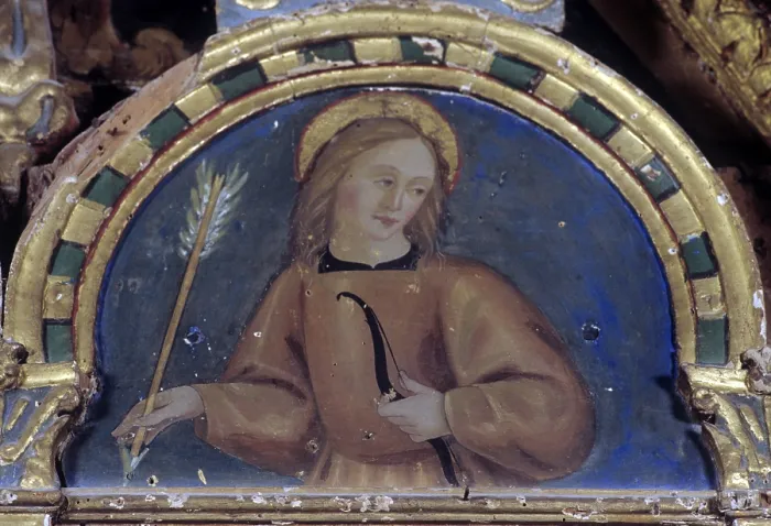 Framed Print : Polyptych of saint James of Pergola, by Girolamo Nardini, 1490 - 1510, 15th Century, oil on board - Italy, Marche, Pergola, Church of saint James. Detail Framed Print : Polyptych of saint James of Pergola, by Girolamo Nardini, 1490 - 1510, 15th Century, oil on board - Italy, Marche, Pergola, Church of saint James. Detail