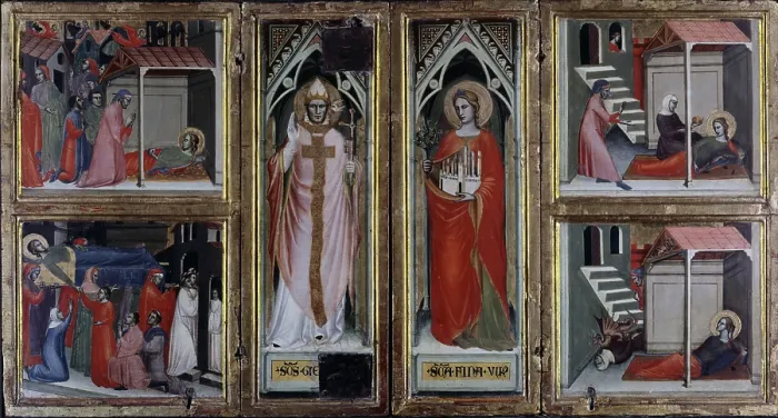 Framed Print : Polyptych of San Gregorio, Santa Fina and miracles of Saint Fina, by Lorenzo Gerini di Niccol, 1402, 15th Century, tempera on board - Italy, Tuscany, San Gimignano Framed Print : Polyptych of San Gregorio, Santa Fina and miracles of Saint Fina, by Lorenzo Gerini di Niccol, 1402, 15th Century, tempera on board - Italy, Tuscany, San Gimignano
