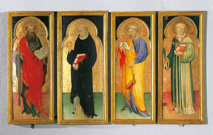 Framed Print : Polyptych with St Paul, St Nicholas of Tolentino, St Peter and St Lawrence, by Nicol di Pietro, 1380 - 1420 about, 14th Century - 15th century, - Italy, Marche, Pesaro Urbino