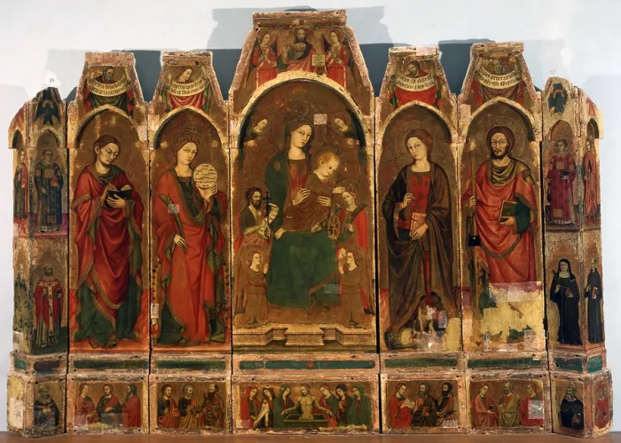Framed Print : Polyptych with Virgin Enthroned with Saints, by Master of the polyptych of Trapani, end of the 14th Century, tempera on golden board - Italy, Sicily, Trapani