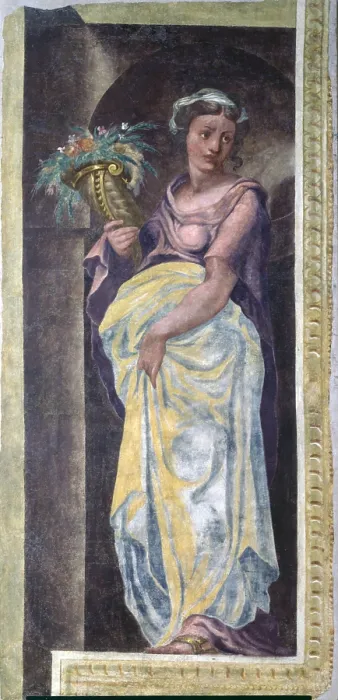 Framed Print : Pomona, by Lelio Orsi, 16th Century, fresco - Italy, Emilia Romagna, Modena, Estense Gallery. Whole artwork view. Woman covered from her wiast down holding a full cornucopia Framed Print : Pomona, by Lelio Orsi, 16th Century, fresco - Italy, Emilia Romagna, Modena, Estense Gallery. Whole artwork view. Woman covered from her wiast down holding a full cornucopia