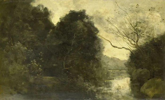 Framed Print : Pond in the Woods, by Camille Corot, 1840-75, French painting, oil on panel. (BSLOC_2016_1_182)
