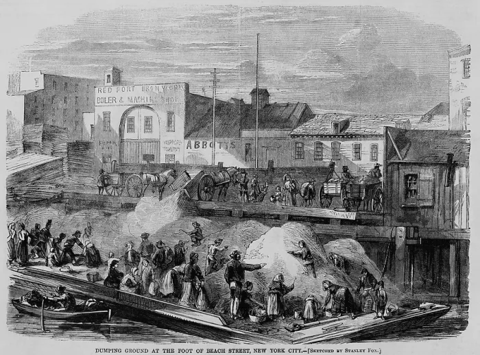 Framed Print : Poor people scavenging garbage dump looking for rags, coal, and bones, on a barge docked at the foot of Beach Street, New York City