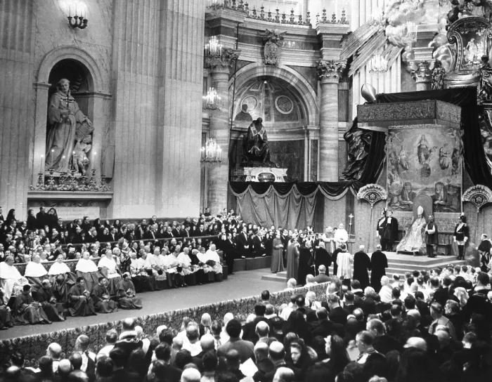 Framed Print : Pope Pius XII on a canopied throne at St. Peter's, conferred the Red Hat upon 17 new cardinals. Jan. 17, 1953 (CSU_2015_9_1006)
