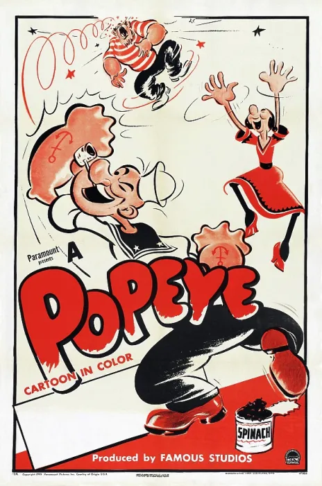 Framed Print : Popeye (left), top center: Bluto (aka Brutus), right: Olive Oyl on 1949 stock poster