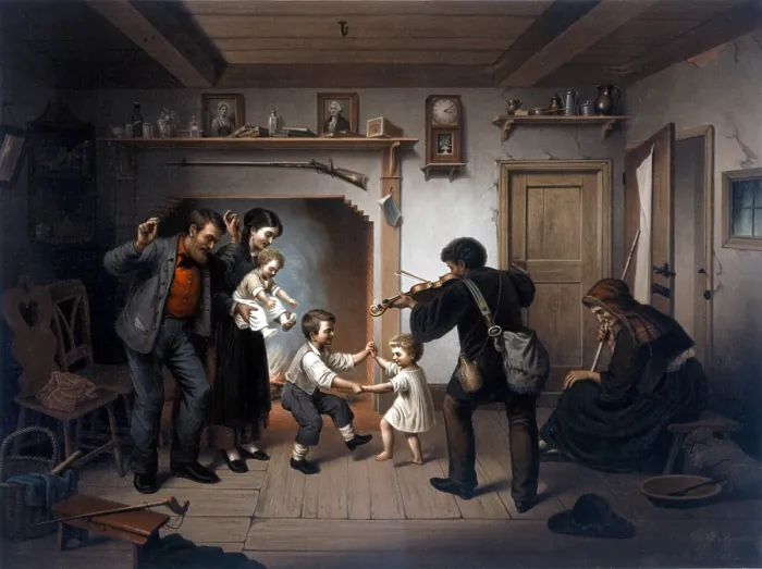 Framed Print : Popular 19th century print showing an African American man playing the fiddle as white family dances Framed Print : Popular 19th century print showing an African American man playing the fiddle as white family dances