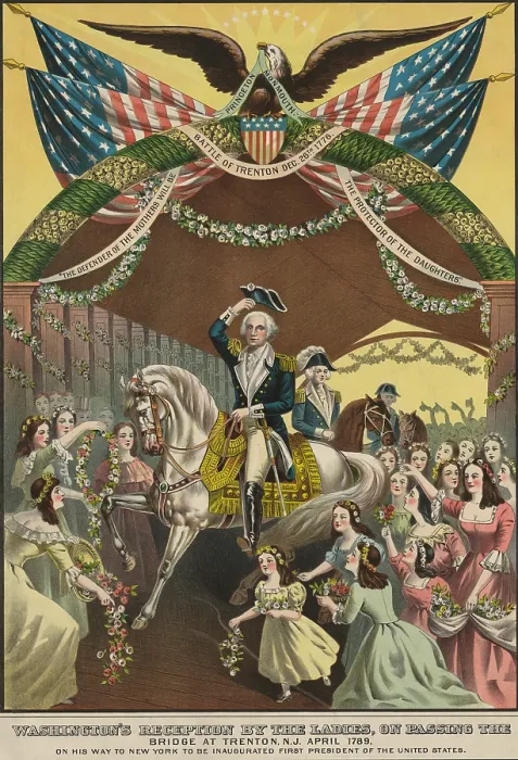 Framed Print : Popular print of 1897, depicting Washingtons reception by the ladies, at Trenton, N.J. April 1789 Framed Print : Popular print of 1897, depicting Washingtons reception by the ladies, at Trenton, N.J. April 1789
