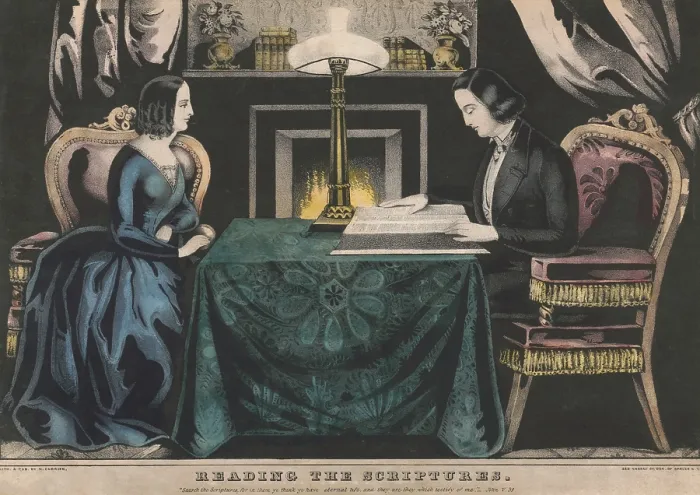 Framed Print : Popular print shows a couple engaged in Bible reading at home, by Nathaniel made to appeal to the piety of antebellum America Framed Print : Popular print shows a couple engaged in Bible reading at home, by Nathaniel made to appeal to the piety of antebellum America