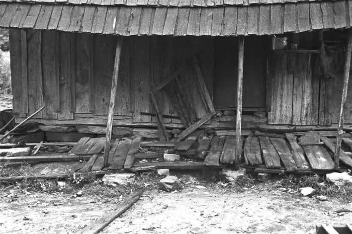 Framed Print : Porch of a barely standing home of a poor farmer in Boone County, Arkansas