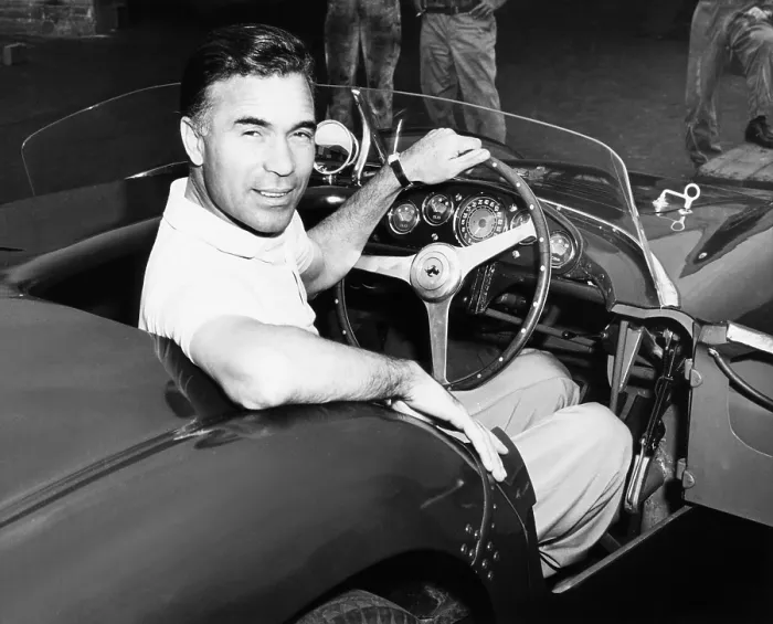 Framed Print : Porfirio Rubirosa at the wheel of his Italian race car, a $17, 000 Ferrari Mondial. Cleveland Press photo by Lester Nehamkin. Ca. Aug. 1955. - (CSU_2015_5_115)