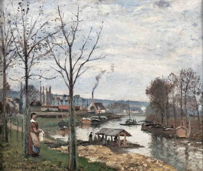Framed Print : Port-Marly near Pontoise. The washing house, by Camille Pissarro, 1873 - 1874, 19th Century, oil on canvas - France, Paris, Muse d'Orsay. Whole artwork view