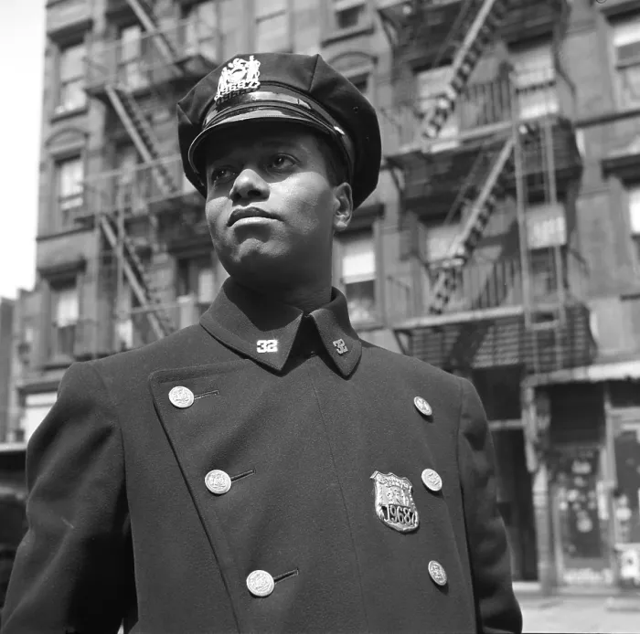 Framed Print : Portrait of an African American policeman, original title: New York, New York. Policeman no. 19687, photograph by Gordon Parks, May, 1943