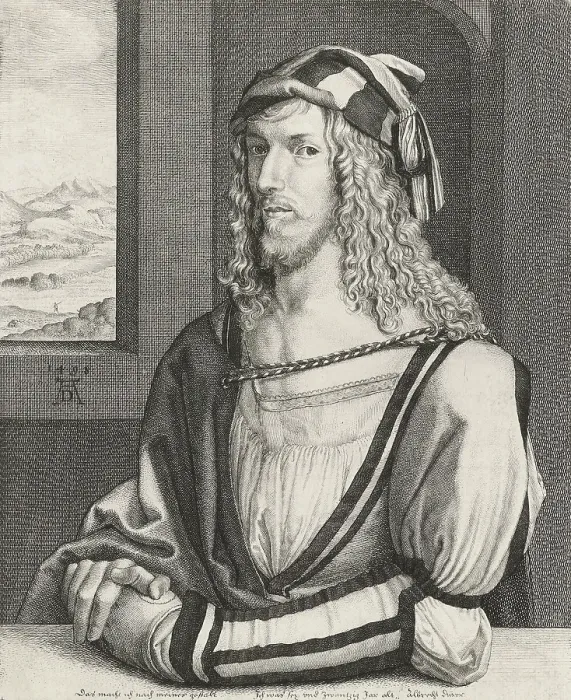 Framed Print : Portrait of Albrecht Durer, by Wenceslaus Hollar, 1645, Belgian print, etching on paper. Copied from original self-portrait of 1498 by Durer at age 26 (BSLOC_2016_2_122)