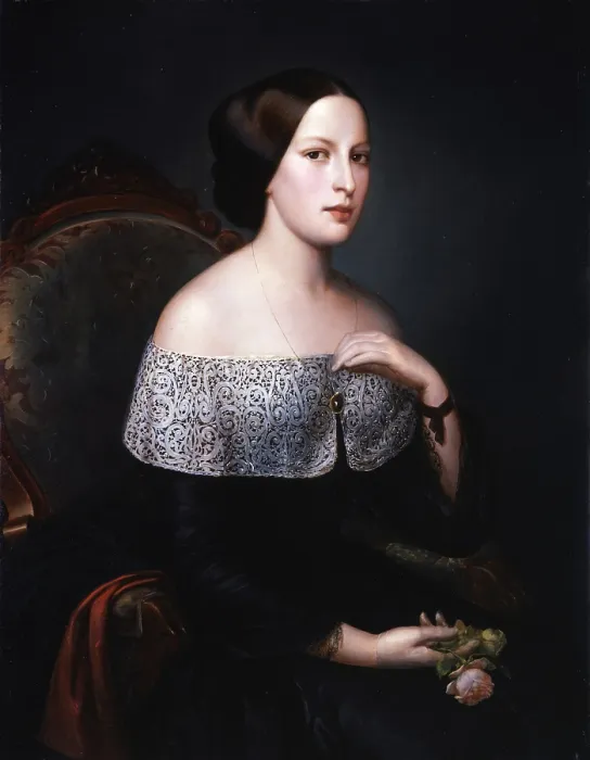 Framed Print : Portrait of the Baroness Angela de Reinelt, by Felice Schiavoni, 1850, 19th Century, canvas - Italy, Veneto, Venice, Ca Pesaro, International Gallery of Modern Art