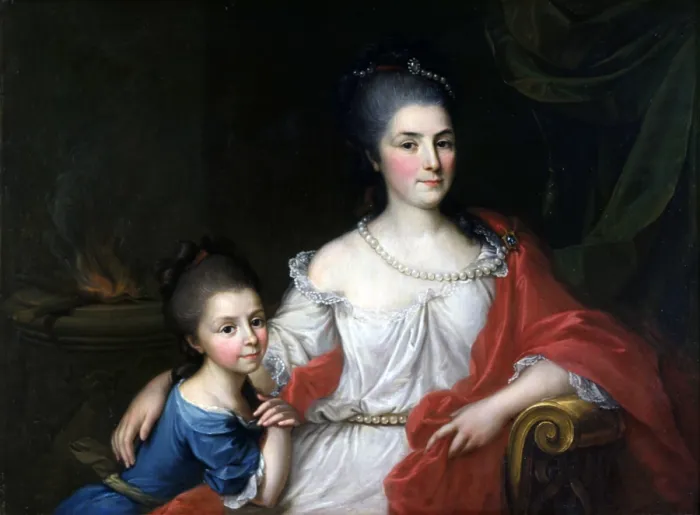 Framed Print : Portrait of Bianca Ferrari Visconti with her daughter Elena, by German Artist, ca