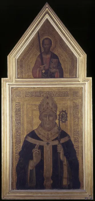 Framed Print : Portrait of the Bishop of Ormont, by Lello from Orvieto, 14th Century, tempera and golden on board, 206 x 96 cm - Italy, Campania, Naples, Archbishop's Palace Framed Print : Portrait of the Bishop of Ormont, by Lello from Orvieto, 14th Century, tempera and golden on board, 206 x 96 cm - Italy, Campania, Naples, Archbishop's Palace