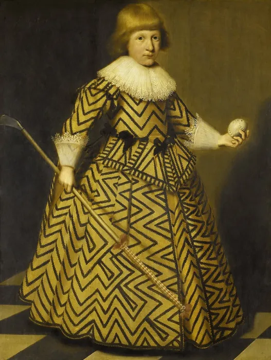 Framed Print : Portrait of a Boy with a Kolf Club, by Wybrand de Geest (I), 1631 Dutch painting, oil on panel. He wears an stunning gold and black zig-zag patterned child's dress Framed Print : Portrait of a Boy with a Kolf Club, by Wybrand de Geest (I), 1631 Dutch painting, oil on panel. He wears an stunning gold and black zig-zag patterned child's dress