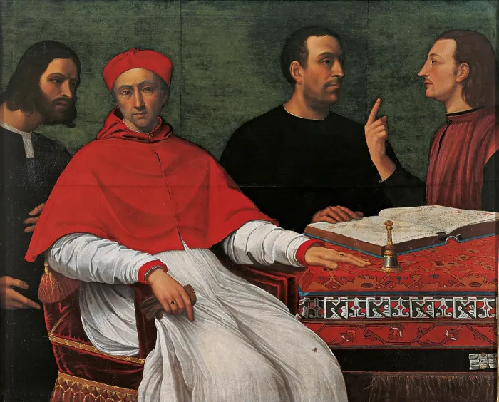 Framed Print : Portrait of Cesare Borgia and Niccol Machiavelli talking to Cardinal Pedro Loys Borgia and his secretary, by 16C Anonymous artist, 16th Century, oil on canvas