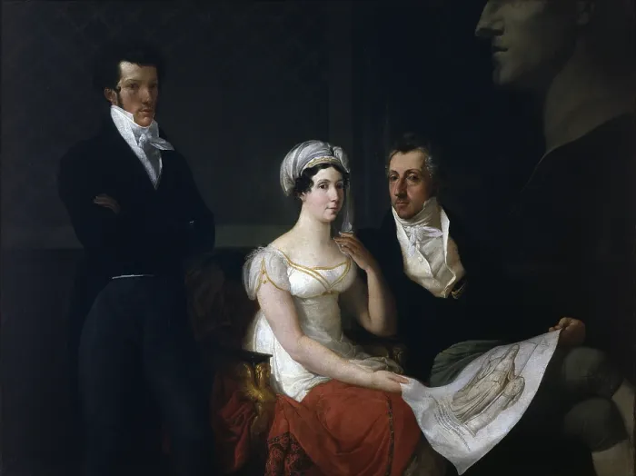 Framed Print : Portrait of the Cicognara Family with the giant bust of Antonio Canova, by Francesco Hayez, 1816 - 1817, 19th century, oil on canvas - Private collection. Whole artwork view