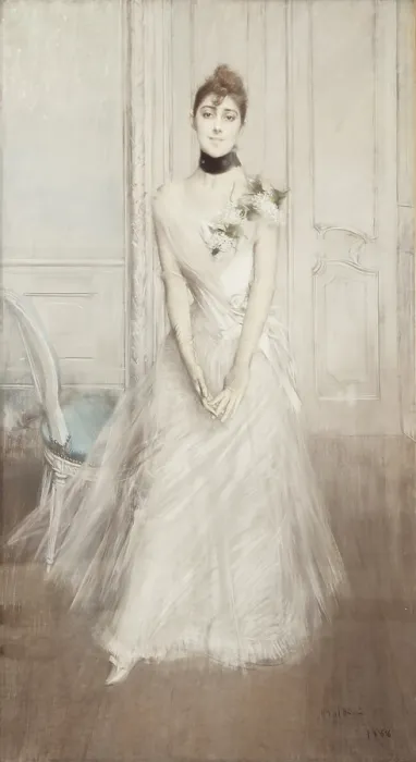 Framed Print : Portrait of Emiliana Concha de Ossa, by Giovanni Boldini, 1888, 19th Century, crayon on paper - Italy, Lombardy, Milan, Civic Collection of Modern Art - GAM. Whole artwork view