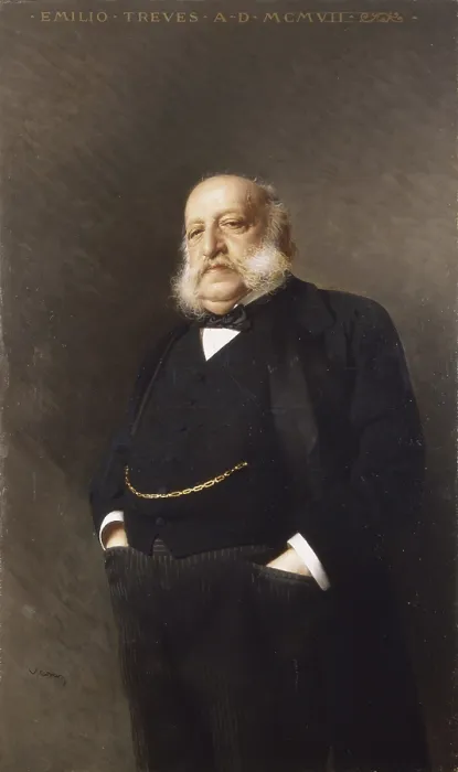Framed Print : Portrait of Emilio Treves, by Vittorio Matteo Corcos, 1907, 20th Century, oil on canvas - Italy, Lombardy, Milan, Paul Nicholls Studio. Whole artwork view Framed Print : Portrait of Emilio Treves, by Vittorio Matteo Corcos, 1907, 20th Century, oil on canvas - Italy, Lombardy, Milan, Paul Nicholls Studio. Whole artwork view