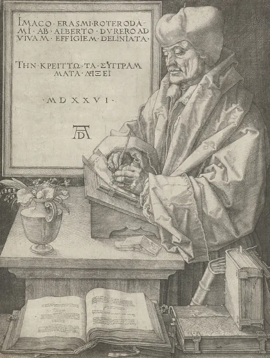 Framed Print : Portrait of Erasmus by Albrecht Durer, 1526, German Renaissance engraving. Erasmus, writing as he stands at a lectern (BSLOC_2016_2_158)
