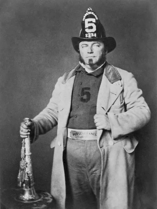 Framed Print : Portrait of fireman from the Perseverance Hose Company wears a firemans uniform and rests his right hand on a speakers trumpet in the 1850s Framed Print : Portrait of fireman from the Perseverance Hose Company wears a firemans uniform and rests his right hand on a speakers trumpet in the 1850s