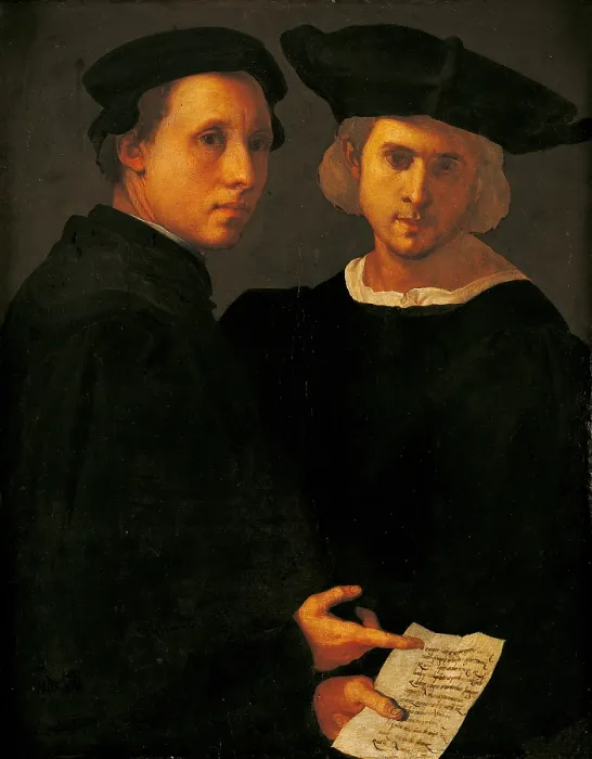 Framed Print : Portrait of Two Friends, by Jacopo Carrucci know as Pontormo, 1522 - 1524 about, 16th Century, oil on panel, cm 95 x 75 - Italy, Veneto, Venice, Earl Vittorio Cini Collection Framed Print : Portrait of Two Friends, by Jacopo Carrucci know as Pontormo, 1522 - 1524 about, 16th Century, oil on panel, cm 95 x 75 - Italy, Veneto, Venice, Earl Vittorio Cini Collection
