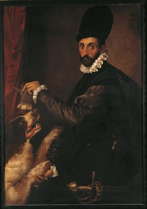 Framed Print : Portrait of a Gentleman with His Dog, by Bartolomeo Passarotti (or Passerotti), 16th Century, - Italy, Lombardy, Milan, Brera art gallery. All