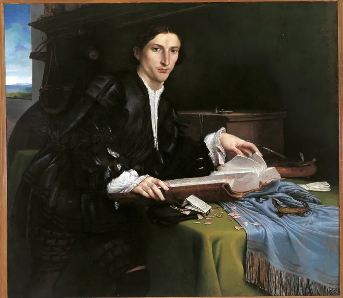 Framed Print : Portrait of a Gentleman in his Study, by Lorenzo Lotto, 1530 about, 16th Century, oil on canvas, cm 98 x 111 - Italy, Veneto, Venice, Accademia Art Galleries. All Framed Print : Portrait of a Gentleman in his Study, by Lorenzo Lotto, 1530 about, 16th Century, oil on canvas, cm 98 x 111 - Italy, Veneto, Venice, Accademia Art Galleries. All