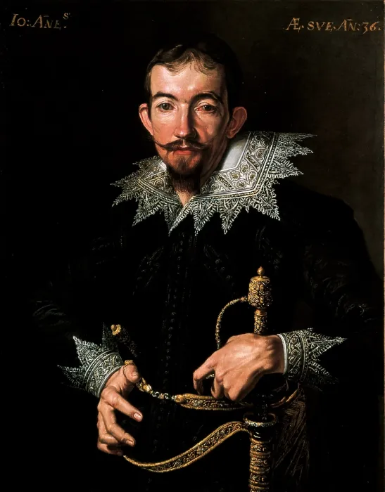 Framed Print : Portrait of a Gentleman with a Sword, by Antonio DEnrico (or DErrico) know as Tanzio da Varallo, 1615 about, 17th Century, oil on canvas, cm 78 x 61, 5 - Italy, Lombardy, Milan