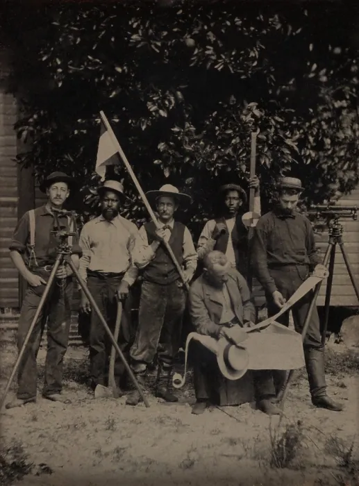 Framed Print : Portrait of a US Geological Survey crew of six men, two of which are African Americans, ca. 1880. Photo is by an unidentified photographer (BSLOC_2020_1_10)