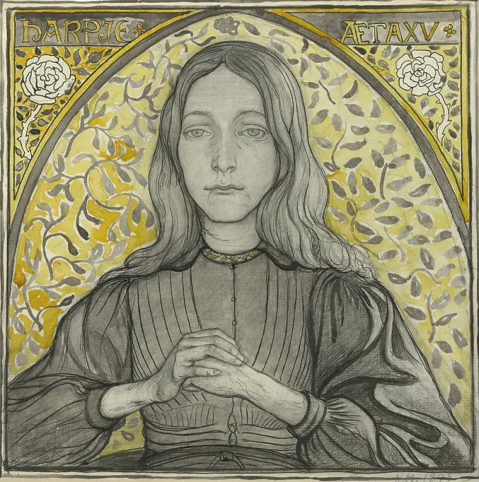 Framed Print : Portrait of Harpje, Fifteen Years Old, by Richard Roland Holst, 1895, Dutch drawing. Chalk and ink on paper. Art Nouveau style portrait of a teenage girl (BSLOC_2016_3_273) Framed Print : Portrait of Harpje, Fifteen Years Old, by Richard Roland Holst, 1895, Dutch drawing. Chalk and ink on paper. Art Nouveau style portrait of a teenage girl (BSLOC_2016_3_273)