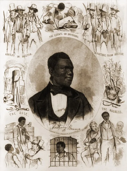 Framed Print : Portrait and illustrations of fugitive slave Anthony Burns escape to Boston, his trial, and subsequent return to slavery in Virginia under the Fugitive Slave Act in 1854