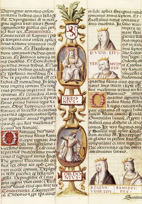 Framed Print : Portrait of several kings of Asturias and LeonOrdooRamiro. Genealoga de los Reyes de Espaa. 1463. Work by CARTAGENAAlonso de (1384-1456). Miniature Painting. SPAIN. Madrid