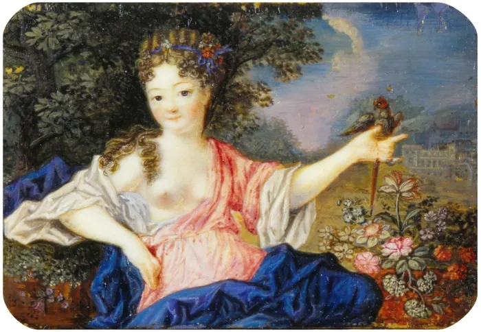 Framed Print : Portrait of La Vallire as Flora, by Unknown French Artist, 18th century, oil on ivory, 5 x 7, 5 cm - Italy, Lombardy, Milan, Castello Sforzesco, Civic Collection of Ancient Art