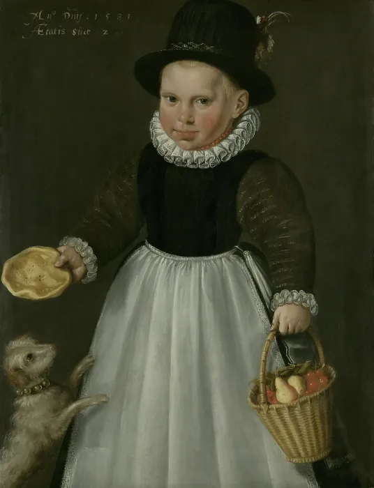 Framed Print : Portrait of a Little Boy, by Jacob Delff (I), 1581, Dutch painting, oil on panel. He holds a basket of fruit and a cake, while a dog jumps on him Framed Print : Portrait of a Little Boy, by Jacob Delff (I), 1581, Dutch painting, oil on panel. He holds a basket of fruit and a cake, while a dog jumps on him