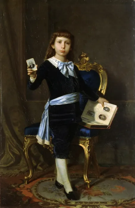 Framed Print : Portrait of the Malmignati Leoni child with photograph album, by Augusto Caratti, 1879, 19th Century, canvas - Italy, Veneto, Padua, Civic Museum Eremitani. Whole artwork view Framed Print : Portrait of the Malmignati Leoni child with photograph album, by Augusto Caratti, 1879, 19th Century, canvas - Italy, Veneto, Padua, Civic Museum Eremitani. Whole artwork view