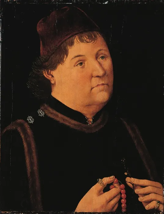 Framed Print : Portrait of a Man, by Master of Ulm, Unknown, - Spain, Comunidad de Madrid, Thyssen-Bornemisza Collection. All portrait man gentleman headdress headgear rings necklace face hands