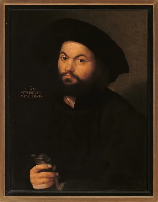 Framed Print : Portrait of a Man, by Unknown Artist, 1520, 16th Century, - Italy, Lombardy, Milan, Brera art gallery. All. Portrait man beard moustache hat headdress headgear shade shadow black