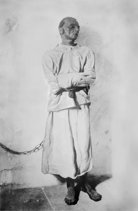 Framed Print : Portrait of a mentally insane man, original title: Maniac chained to a wall, from Fool's Tower (aka The Narrenturm), home for mental patients, Vienna, Austria