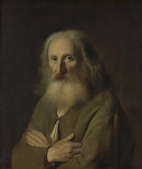 Framed Print : Portrait of an Old Man, by Simon Kick, 1639, Dutch painting, oil on panel. Elderly old man with a white beard and long gray hair with arms folded on his chest (BSLOC_2016_3_90)